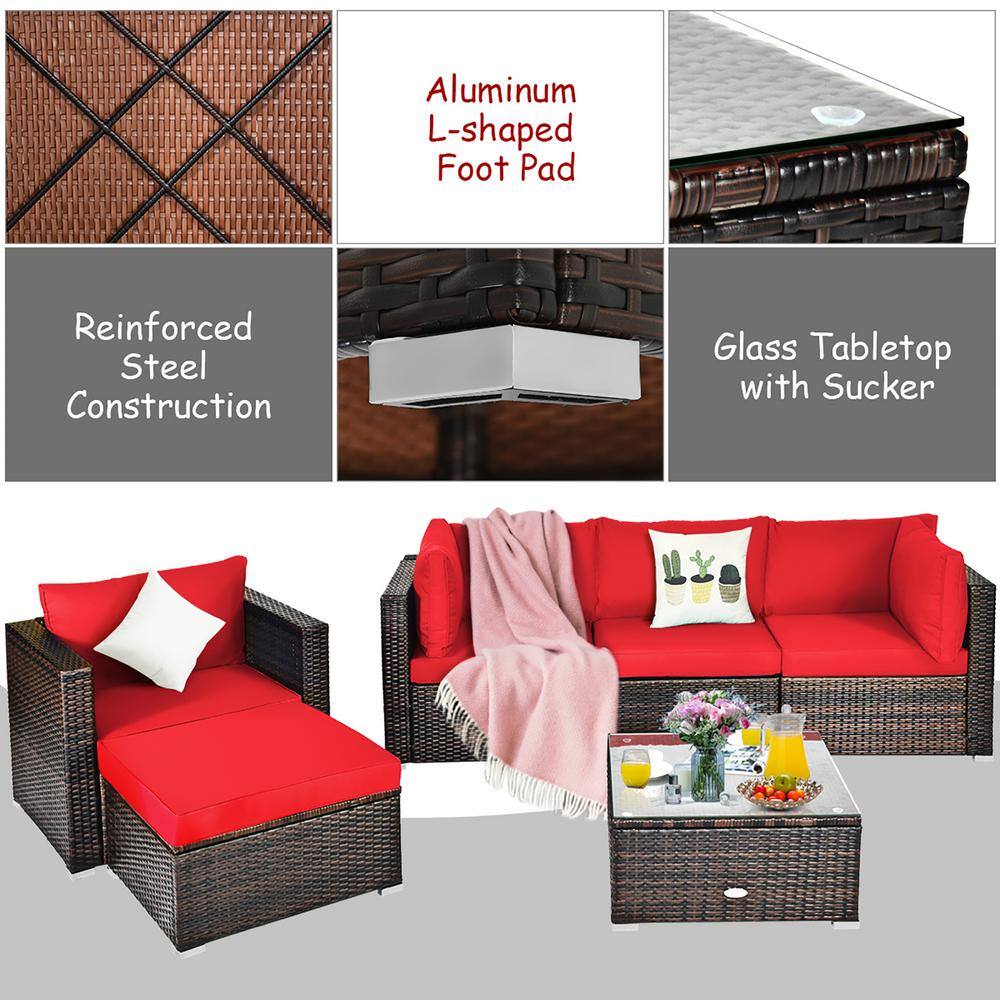 6-Piece Red Cushioned PE Rattan Outdoor Sectional Sofa Set