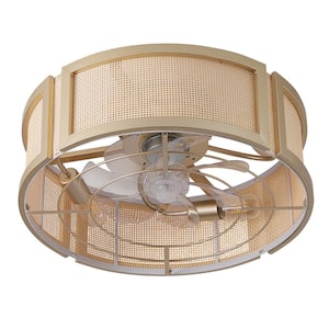 20 in. Indoor Rattan Woven Fandelier Boho Gold Caged Ceiling Fan with Light and Remote Control 6-Speed Reversible Motor