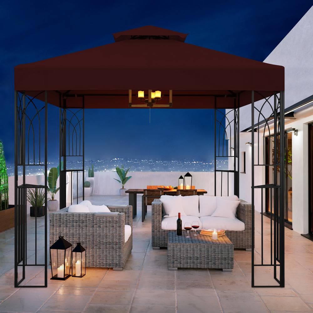 COOS BAY 8 ft. x 8 ft. Red Outdoor Garden Gazebo with Built-in Ceiling ...