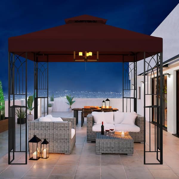 COOS BAY 8 ft. x 8 ft. Red Outdoor Garden Gazebo with Built-in Ceiling Hook, Corner Shelves, and 2-Tier Vented Soft Top Roof