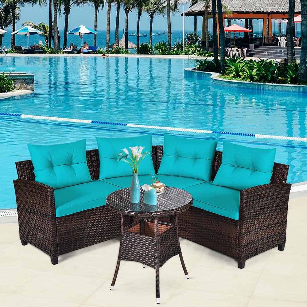 Turquoise Cushioned Rattan Outdoor Furniture Set with Glass Table