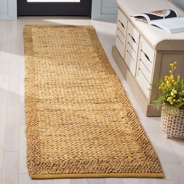 Natural Fiber 2 ft. x 8 ft. Gold Two-Tone Solid Border Runner Rug