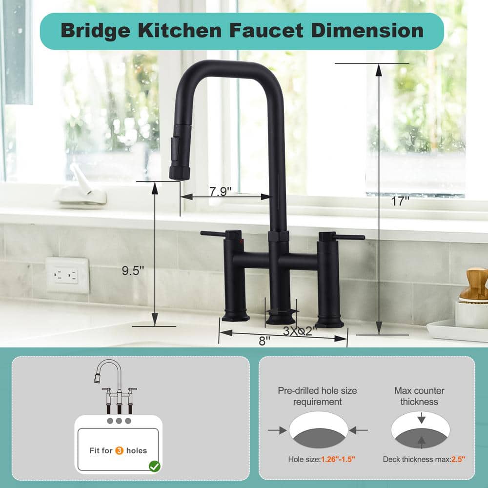 ARCORA AR7401402B 3 Holes Brass Double Handle Bridge Kitchen Faucet With 2-Mode Pull Down Sprayer And Supply Lines