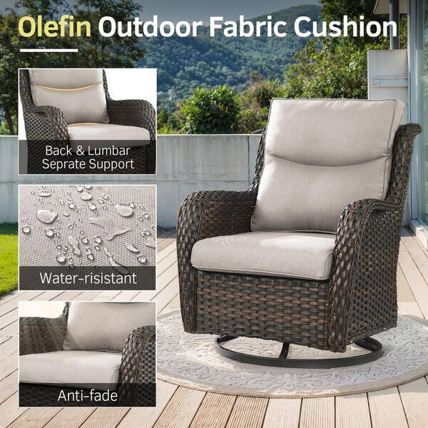 Smiley 4-Piece Brown Wicker Outdoor Swivel Glider Patio Rocking Chair with 5 in. Thick Beige Cushions and Deep Seating