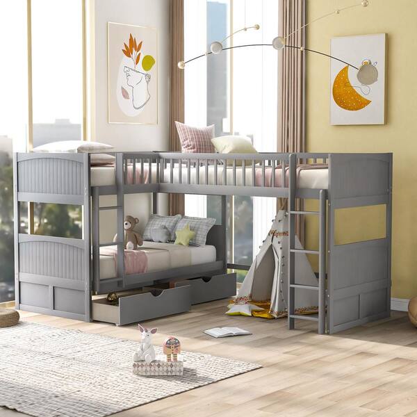 Angel Sar Gray L Shaped Twin Bunk Bed, Joplin Twin Loft Bed With Desk And Bookcase