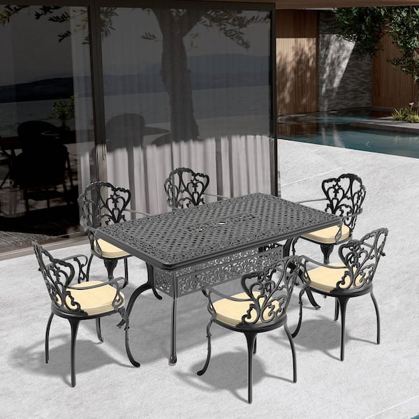 Willit Lily Black 7-Piece Cast Aluminum Outdoor Dining Set with Rectangle Table and Dining Chairs with Random Color Cushion