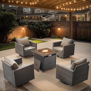 U-Weave 5-Piece Brown Wicker Outdoor Square Fire Pit Conversation Set with Gray Cushions and Swivel Rocking Chairs