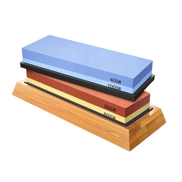 9 in. Whetstone 400/1000 and 3000/8000 Grit Flattening Stone, Bamboo Base, Angle Guide, Non-Slip Base Aluminum Oxide