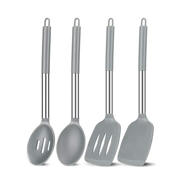 4-Piece Grey Silicone and Stainless Steel Cooking Utensil Set Nonstick Heat Resistant for Baking Frying Mixing