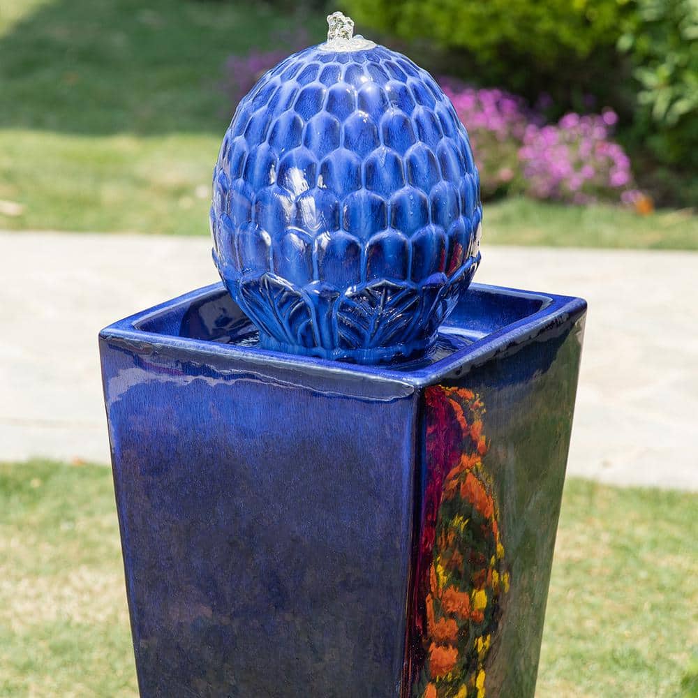 Tall Cobalt Blue Ceramic Artichoke Pedestal Fountain with LED Light