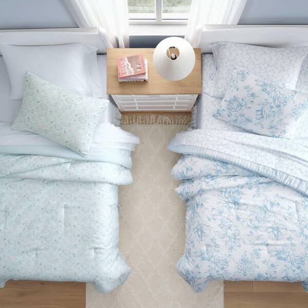Laura Ashley Delphine 5-Piece Light Blue Microfiber Twin Bed in a