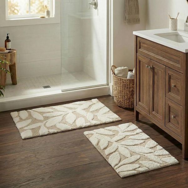 Natural Beige Botanical Cotton Rectangle 2-Piece Bathroom Rug Set