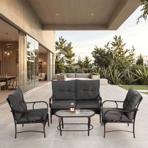Unbranded 4 Piece Wicker Patio Conversation Set, All Weather Sectional Sofa Sets with Cushion for Garden, Pool or Backyard, Gray