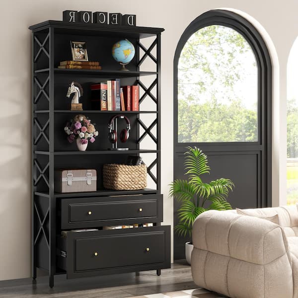 Atencio 2-Drawer Black Engineered Wood 31.5 in. Vertical File Cabinet Open Filing Cabinet Office Document Rack, 4-Shelf