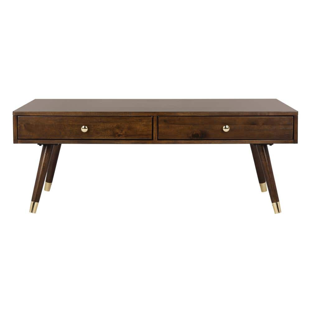 Transitional Mid-Century 48" Brown Wood Coffee Table with Gold Caps