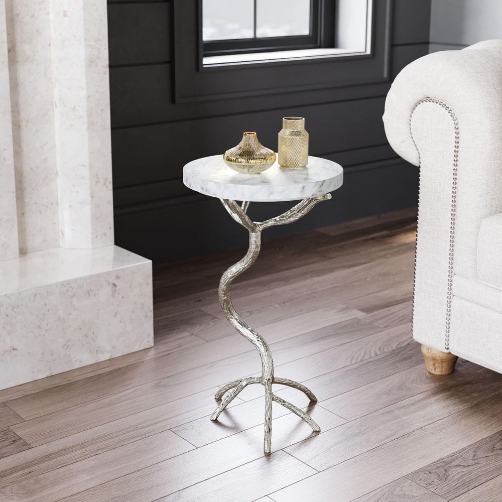 Round White Marble and Aluminum Accent Table