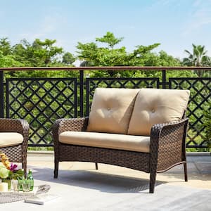 Brentwood Brown Wicker Outdoor Patio Loveseat with Beige Cushions