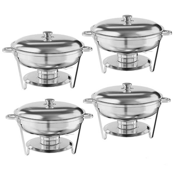 4 Pack 5.3 Qt. Stainless Steel Round Chafing Dish Buffet Set with Food & Water Pan & Stand