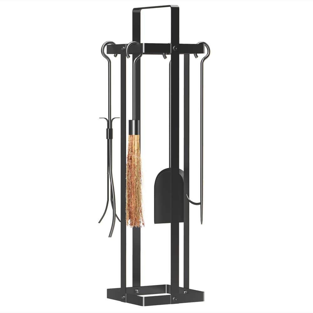 7.9 in. W 5-Piece Outdoor Metal Fireplace Tools Set with Brush Broom Poker,