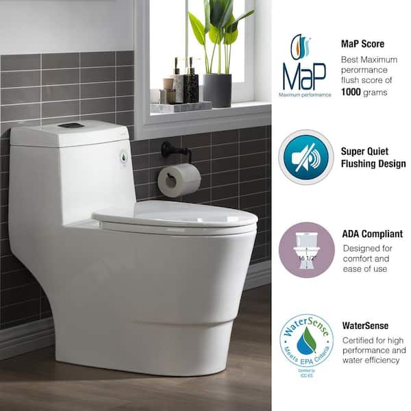 Everette 1-Piece 1.28GPF Dual Flush Elongated Toilet in White with Map Flush 1000 g and Toilet Seat Included Everette 1-Piece 1.28GPF Dual Flush Elongated Toilet in White with Map Flush 1000 g and Toilet Seat Included