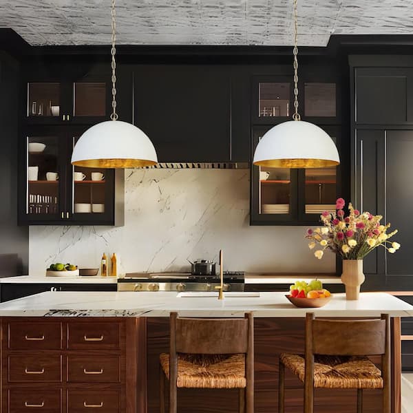 Mid-century 17.7 in. W 1-Light Gold Pendant Lamp, Modern Pendant Light with White Dome Shade for Dining Room, Kitchen