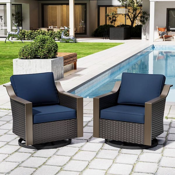 2-Piece Wicker Outdoor Rocking Chair Patio Swivel Chair Set with Gracefully Sloped Armrest and Blue Cushions