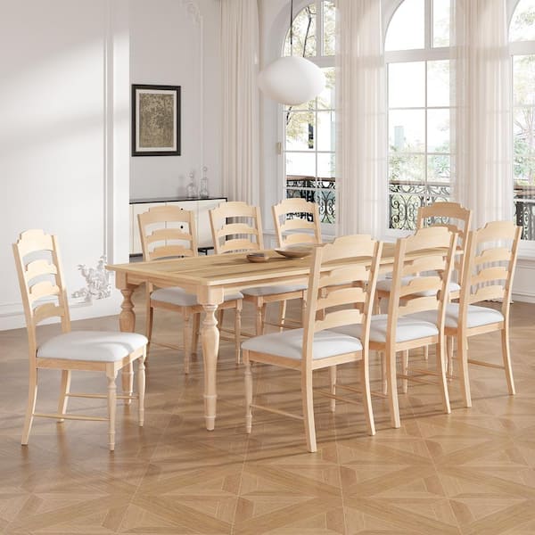 Harper & Bright Designs Vintage Style Natural 9-Piece MDF Top Extendable Dining Set with Removable Leaf, 8-Serrated Back Chairs