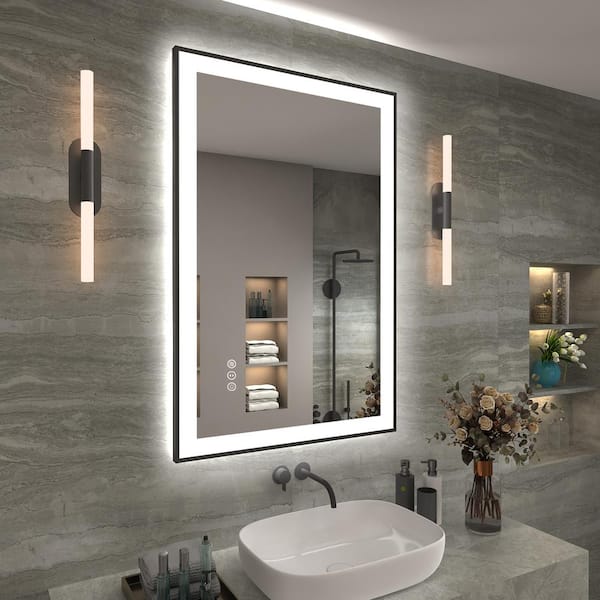 24 in. W x 36 in. H Rectangular Space Aluminum Framed Dual Lights Anti-Fog Wall Bathroom Vanity Mirror in Tempered Glass