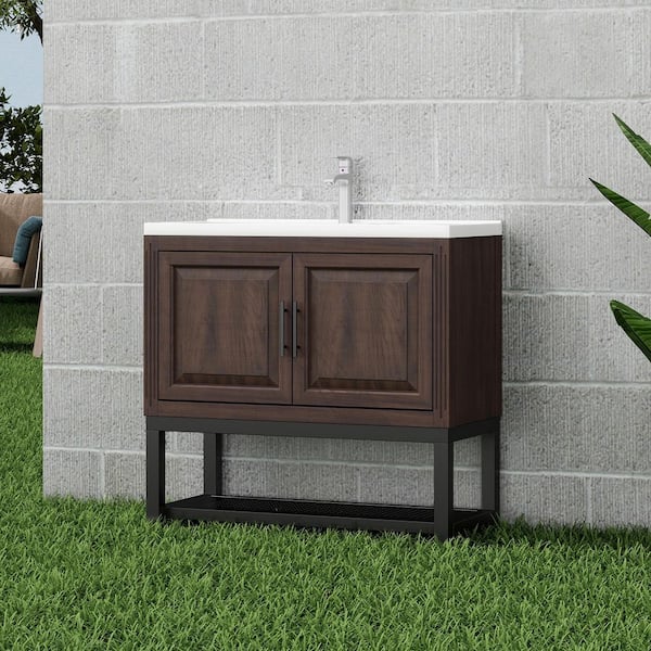 36 in. Dark Brown Bath Vanity with Sink, Wood Storage Cabinet with White Ceramic Top Basin and Faucet Combo Set