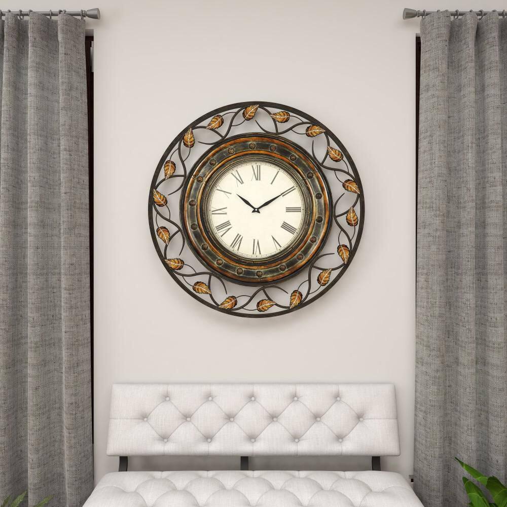 36'' Brown Metal Leaf Medallion Wall Clock with Scrolled Vines