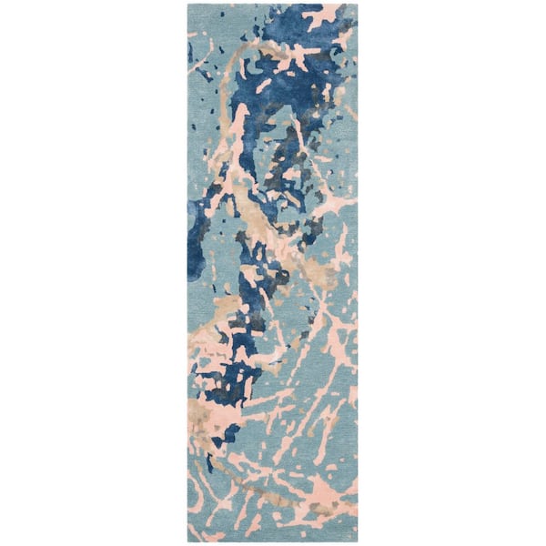 Soho 3 ft. x 8 ft. Blue/Light Pink Abstract Modern Runner Rug
