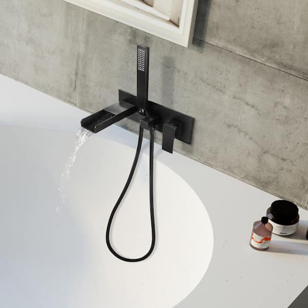 Single Handle 2-Spray Wall Mounted Waterfall Bathtub Faucets Tub and Shower Faucet 2.5 GPM in Black