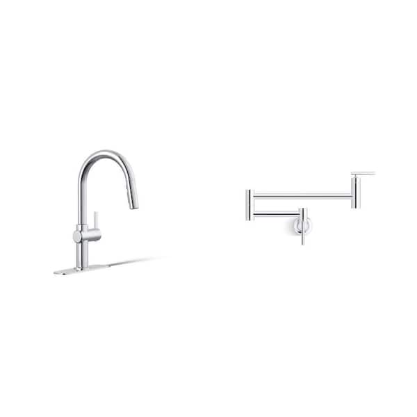 Polished Chrome Pull Down Sprayer Kitchen Faucet and Wall Mount Pot Filler Combo