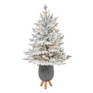 3.5 ft. Flocked Pre-Lit Fir Artificial Christmas Tree 200 Warm White Lights and 481 Bendable Branches Gray Planter