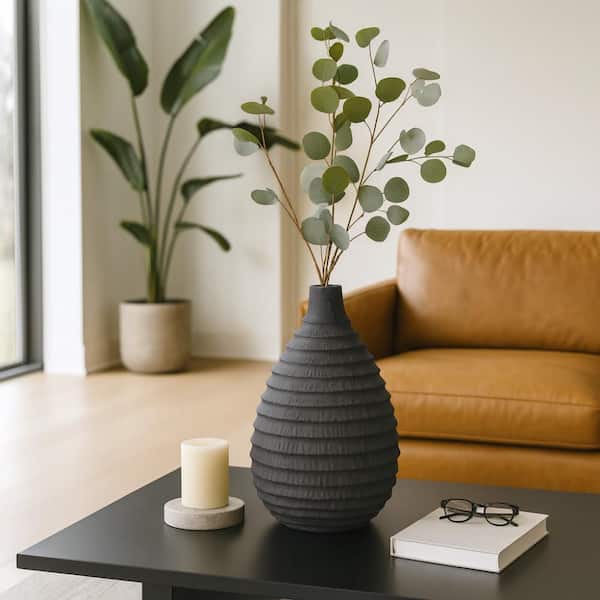 Liv & Skye 15 in. Black Ceramic Gourd Faded Ribbed Bulbous