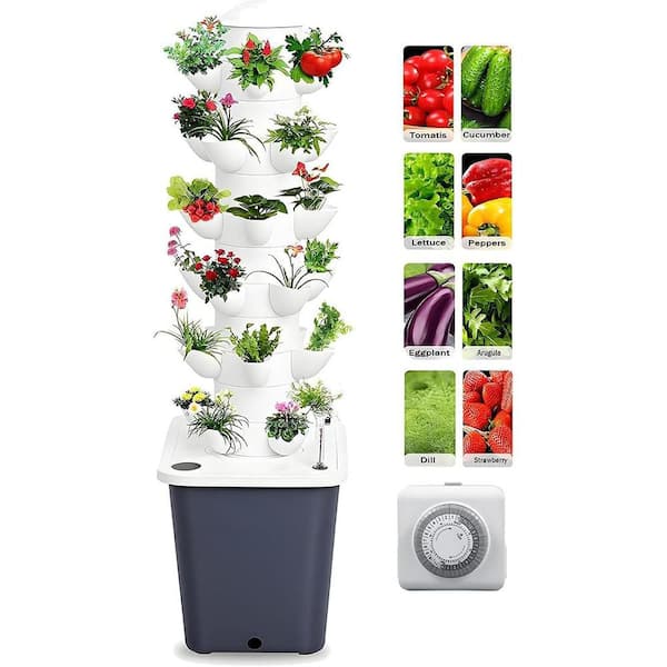 30-Pod Black Modular Hydroponic Tower Garden System w/ Water Pump & Timer for Indoor/Outdoor Plants (6-Layer, BPA-Free)