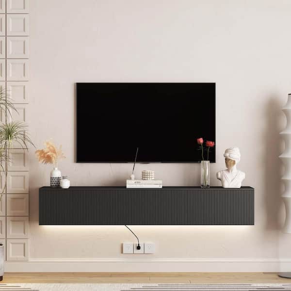 Unbranded 68.8 in. W x 11.8 in. D Fluted Black Decorative Wall Shelf, Floating TV Stand Entertainment Center for 55 60 65 in. TV