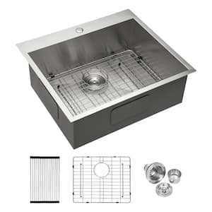 25 in. Drop-In Single Bowl 18-Gauge Brushed Nickel Stainless Steel Kitchen Sink with Bottom Grids and Drying Rack