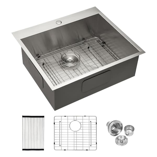 EPOWP 25 in. Drop-In Single Bowl 18-Gauge Brushed Nickel Stainless Steel Kitchen Sink with Bottom Grids and Drying Rack