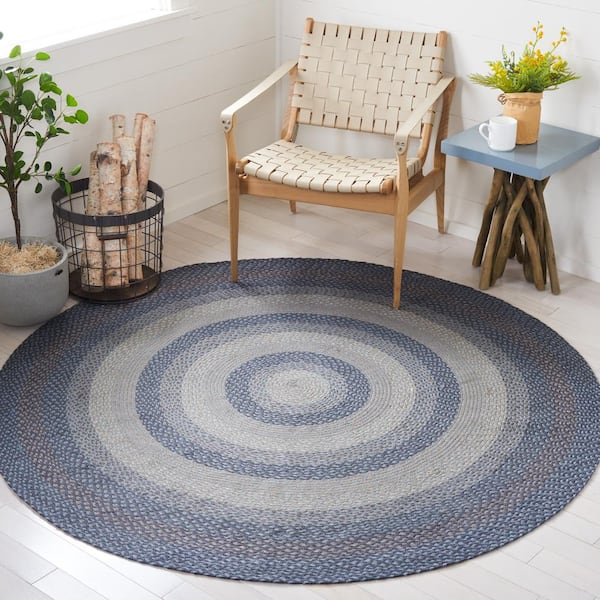 Braided Gray/Blue 4 ft. x 6 ft. Border Striped Oval Area Rug