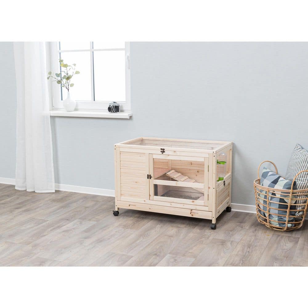 Natural Wood Indoor Hutch for Small Pets with Lockable Wheels