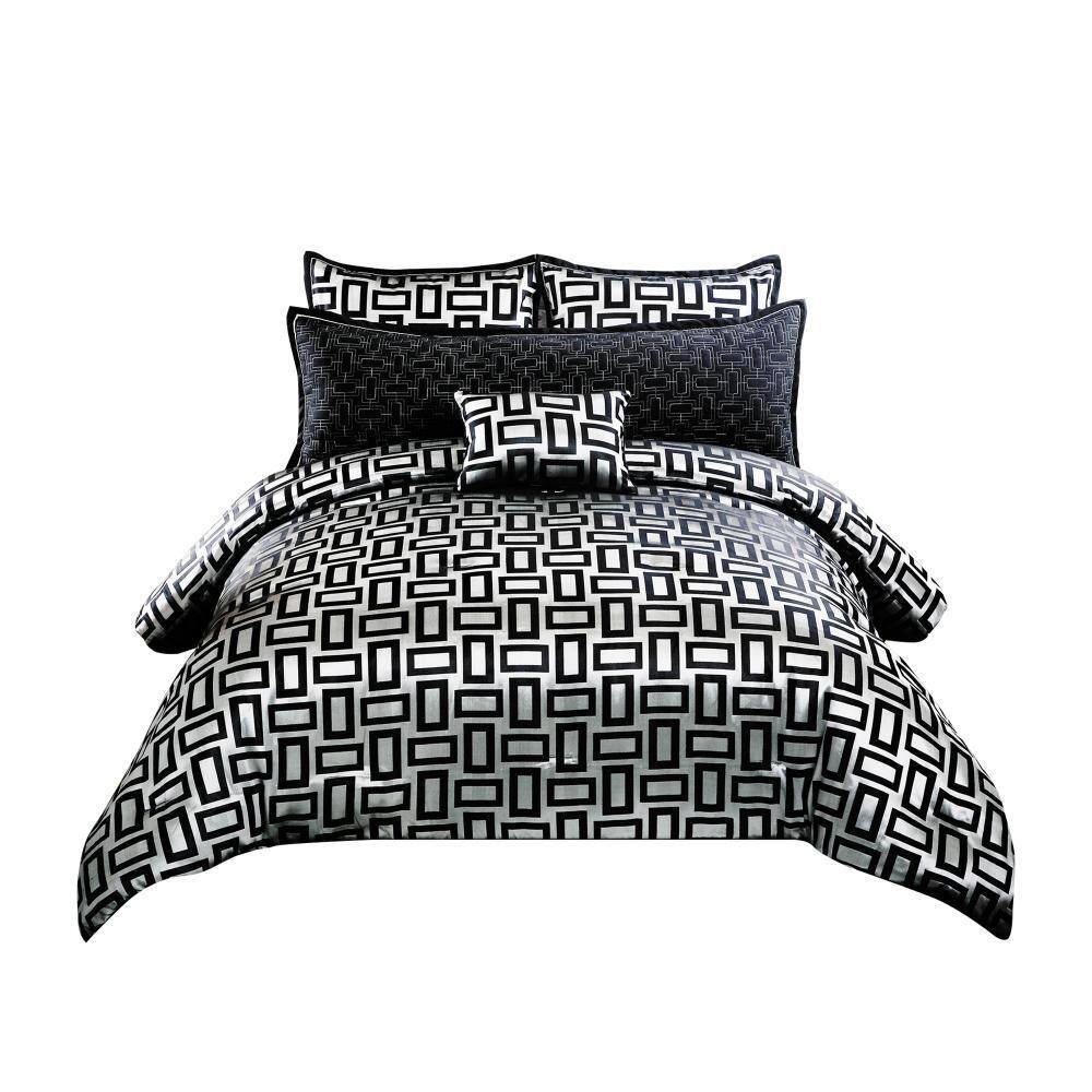 Gray and Black Geometric Polyester Queen Comforter Set
