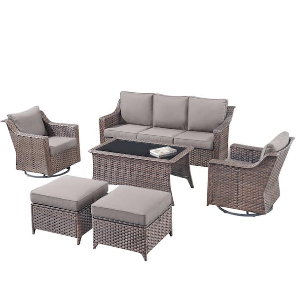 Skinny Guy Series 6-Piece Brown Wicker Outdoor Patio Conversation Corner Sofa Set with Cushion Guard Gray Cushions
