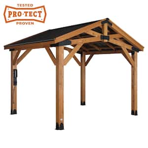 Norwood 12 ft. x 10 ft. All Cedar Wood Outdoor Gazebo Structure with Hard Top Steel Metal Peak Roof and Electric, Brown