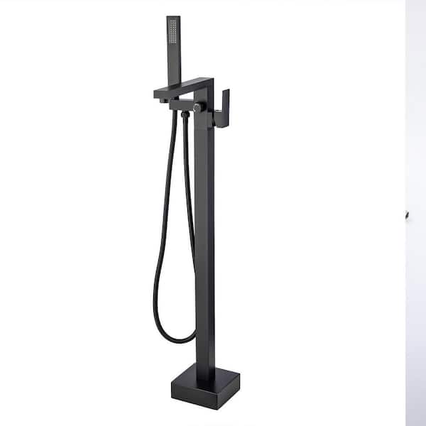 Flynama Freestanding Single Handle Bath Tub Filler Faucet with Hand Shower in Matte Black