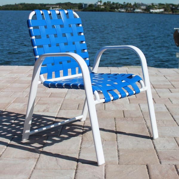 Marco Island White Commercial Grade Aluminum Vinyl Cross Strap Outdoor Dining Chair In Blue 2 Pack 3200cs W B The Home Depot - Vinyl Webbing For Outdoor Furniture Canada
