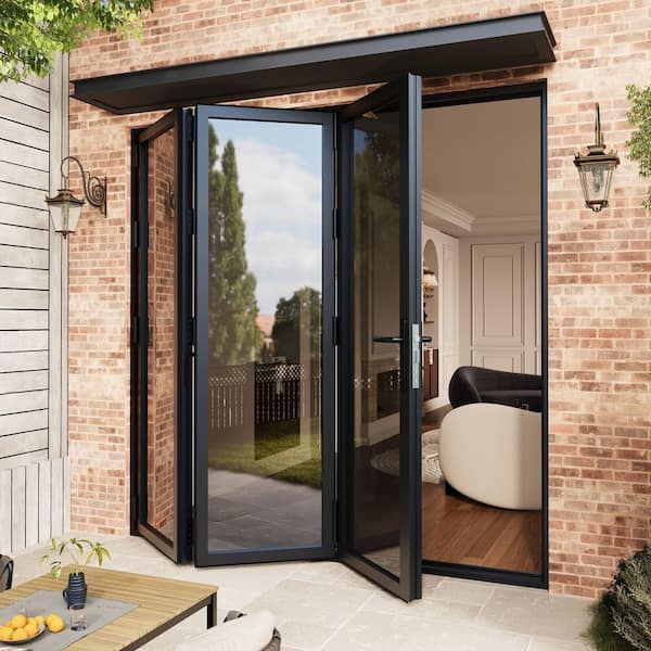 96 in. x 96 in. Left Swing/Outswing Double Tempered Glass Black Aluminum Folding Patio Door w/ Door Stopper (3-Folding)
