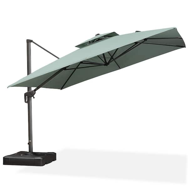 PURPLE LEAF 11 ft. Square 2-Tier Aluminum Cantilever 360° Rotation Patio Umbrella with Base in Ground, Mint Green