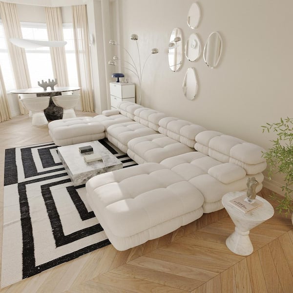 J&E Home 146.4 in. Square Arm Teddy Velvet 6-piece Deep Seat Modular Sectional Sofa with Movable Ottoman in Beige