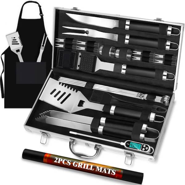 26-Piece Heavy Duty Stainless Steel BBQ Grilling Tools Set with Apron Thermometer Grill Mats Aluminum Case Black